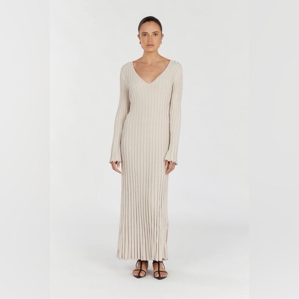 DISSH Beige Ribbed V-Neck Midi Dress